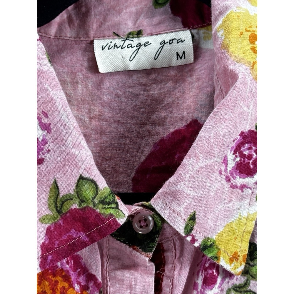 Vintage Goa Floral Button Up Shirt Medium Pink Boho Cottagecore Cotton Top - Picture 12 of 16